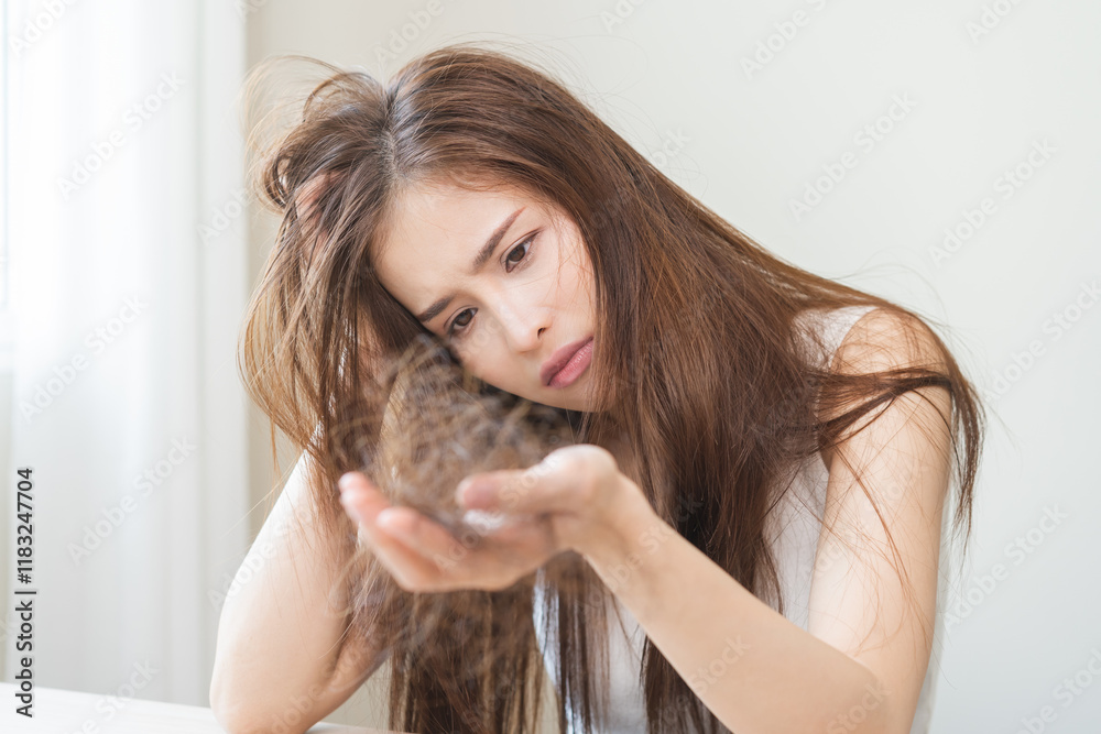 Naklejka premium Serious, worried asian young woman, girl holding, show damaged loss hair, problem after brushing, hair fall out on hand. Health care of beauty treatment. Portrait isolated on background, copy space.