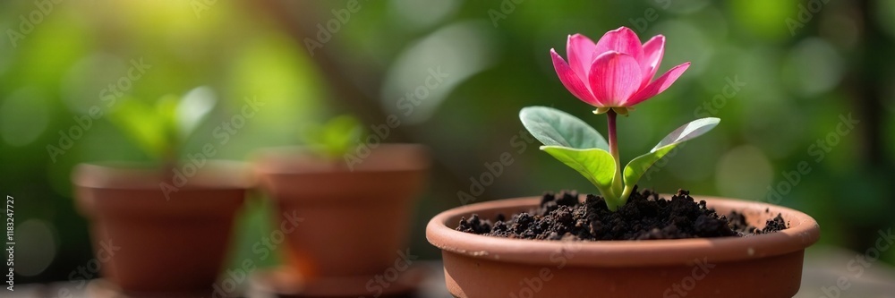 Pink flower buds bursting forth from the soil in a terracotta planter, petals, potting, flower Pink flower buds bursting forth from the soil in a terracotta planter, petals, potting, flower