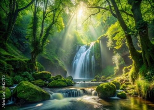 Surreal Cantabrian forest merges with Ason River's cascading waterfall.