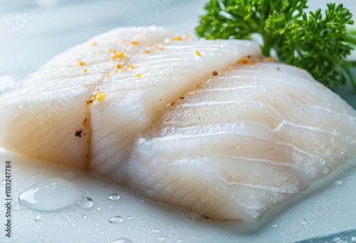 Fresh cod fish fillet isolated top view seafood ingredient overhead healthy white codfish meat prepa photo