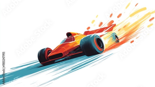 a 2D cartoon illustration of a racing car zooming on a track, exciting and fast, white background--ar 16:9 photo