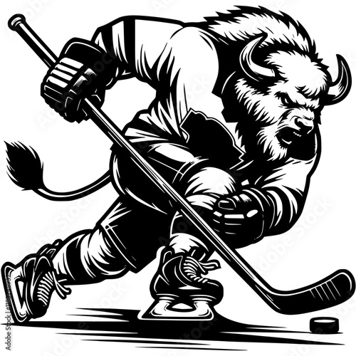 Huge buffalo bull rushes in hockey gear to attack an opponent in monochrome. Simple minimalistic  in black ink drawing on white background