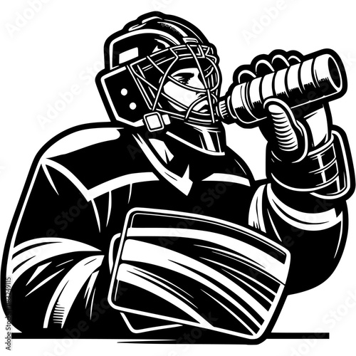 Hockey goalie in uniform drinks water during stoppage in play in monochrome. Simple minimalistic vector in black ink drawing on transparent background
