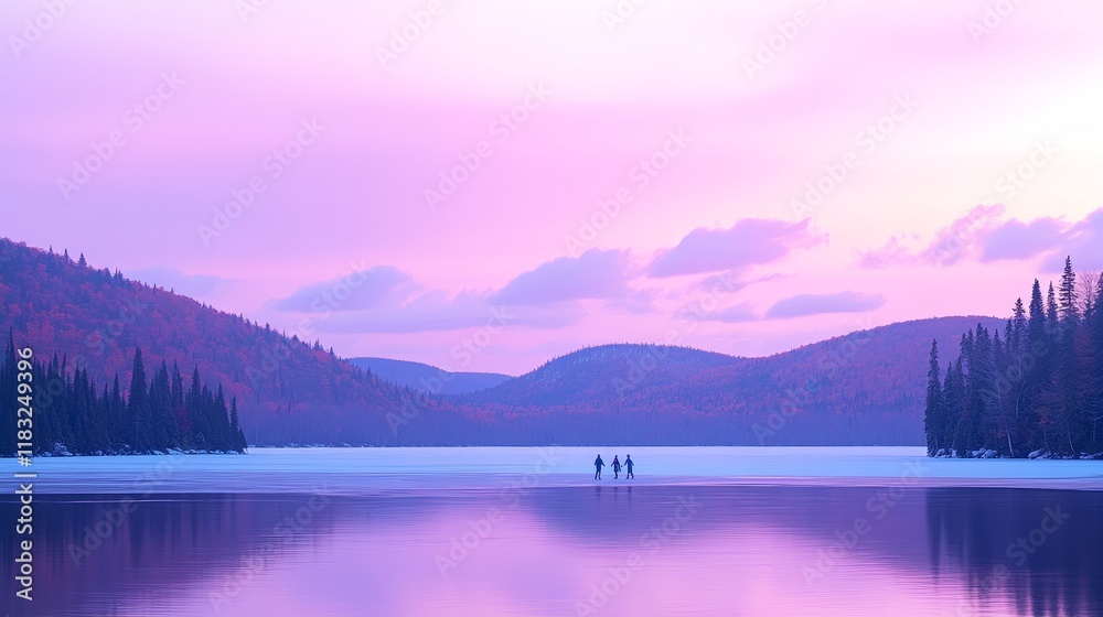 Fototapeta premium Winter Wonderland Three Figures Ice Skating at Sunset