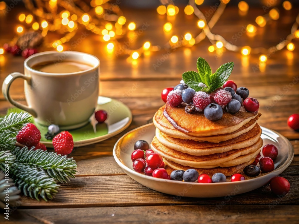 Festive Christmas pancakes, drizzled with cocoa, topped with vibrant berries; a holiday breakfast feast. Festive Christmas pancakes, drizzled with cocoa, topped with vibrant berries; a holiday breakfast feast.