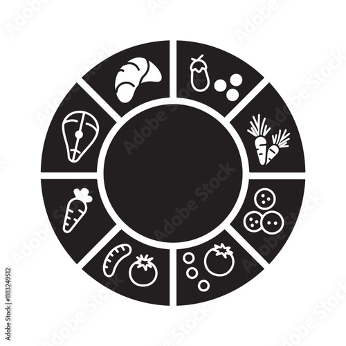 black circle with white outlines containing a variety of food items icon, symbolizing diverse meal options