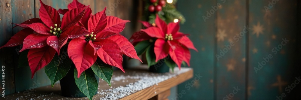 Red poinsettia flowers on a wooden mantel with snow, mantel, poinsettia Red poinsettia flowers on a wooden mantel with snow, mantel, poinsettia