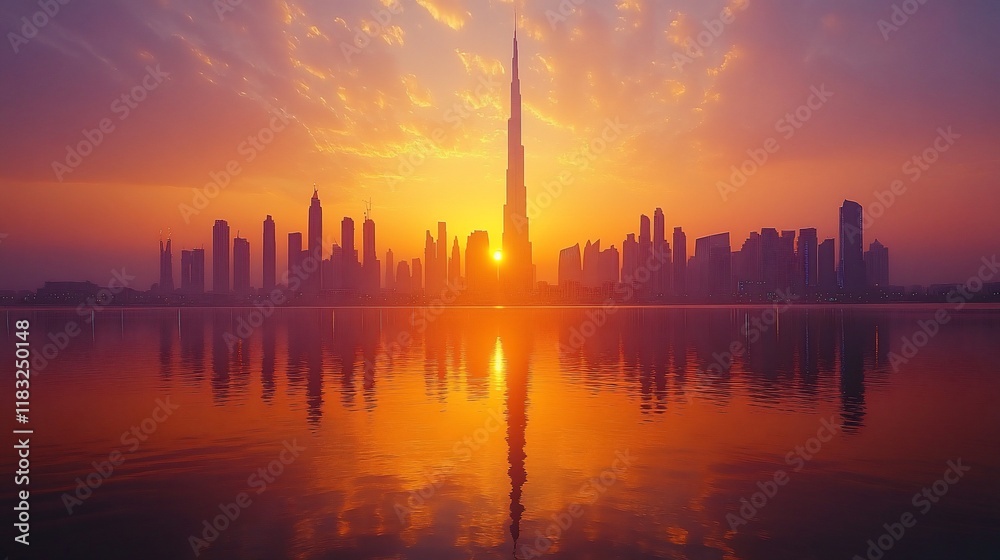 Sunrise over Dubai skyline, reflecting in calm waters. Use travel brochure Sunrise over Dubai skyline, reflecting in calm waters. Use travel brochure