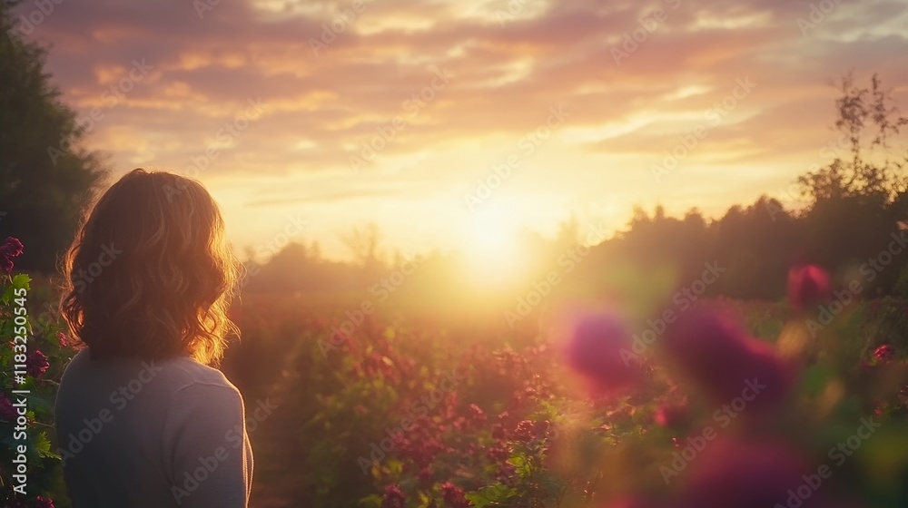 Obraz premium Woman Silhouetted Against Sunset in Flower Field