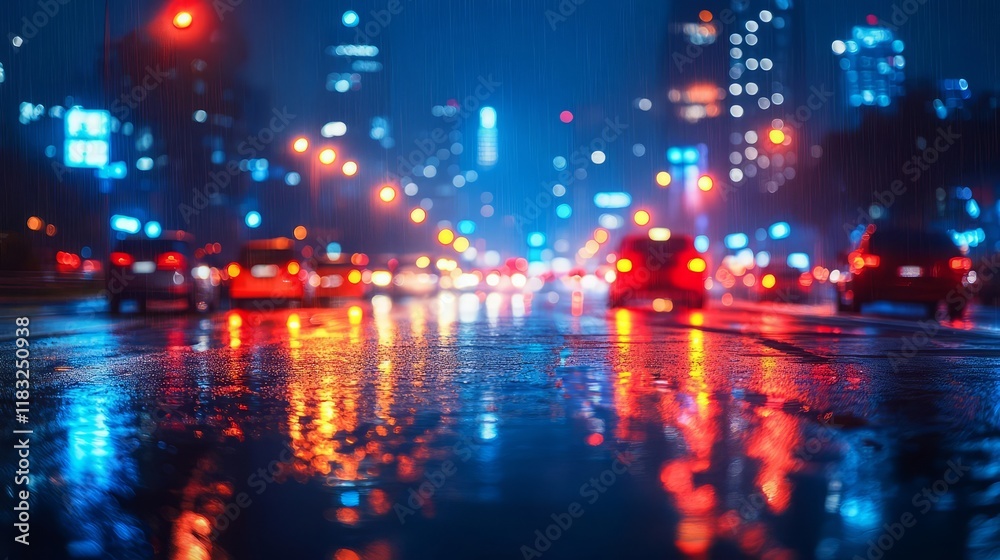 Night cityscape with illuminated streets and reflections on wet pavement after rain. Night cityscape with illuminated streets and reflections on wet pavement after rain.