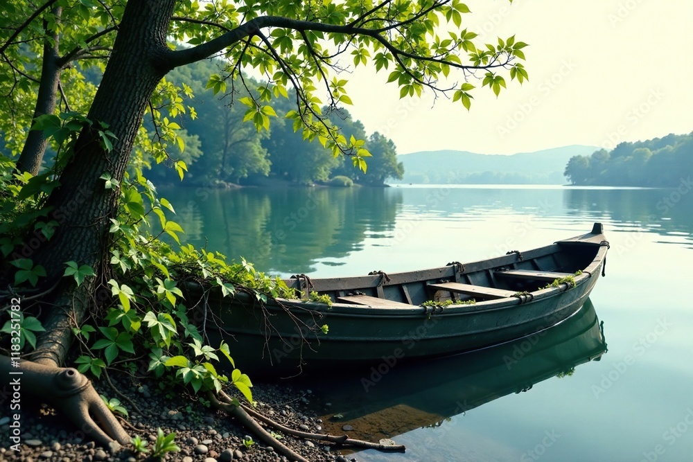 Rowboat tangled in vines and branches on the lake shore, branches, lake, lake shore Rowboat tangled in vines and branches on the lake shore, branches, lake, lake shore