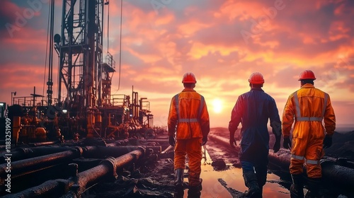 Three workers in safety gear walking towards a drilling site at sunset. photo