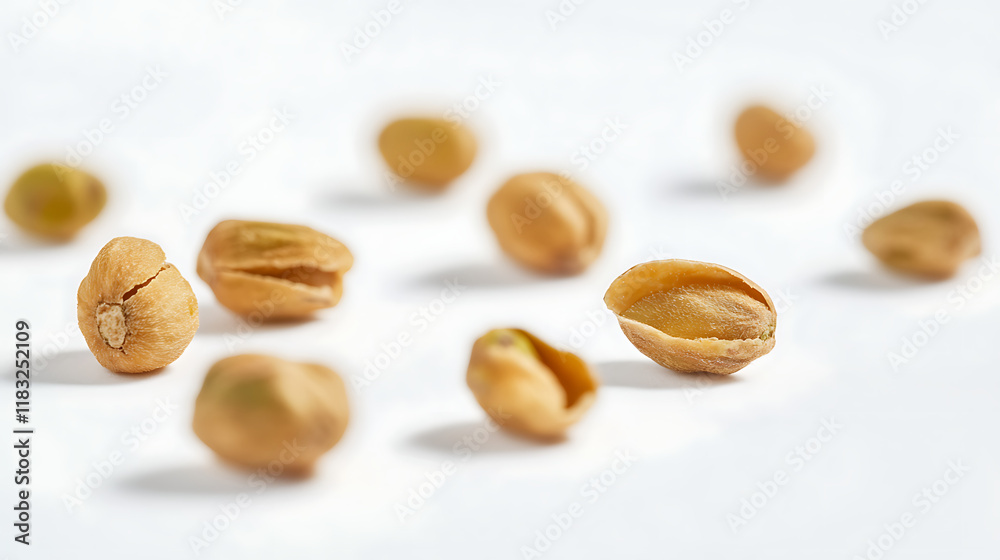 macro view of roasted pistachios in their shells, focusing on the golden-brown hues and textures, placed on a clean macro view of roasted pistachios in their shells, focusing on the golden-brown hues and textures, placed on a clean