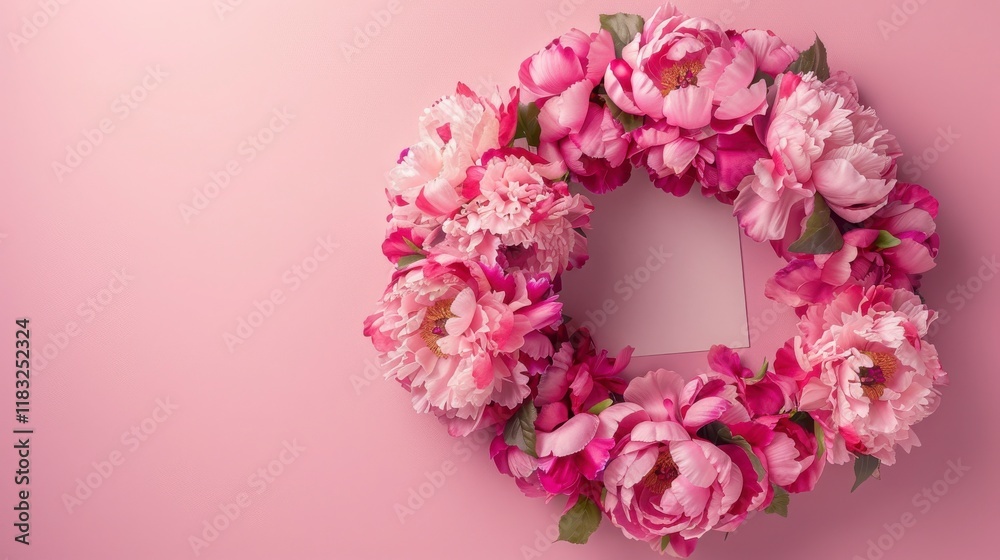 Obraz premium Beautiful Floral Wreath Featuring Pink Peonies on Soft Pink Background Ideal for Spring Decor, Celebrations, and Home Accents
