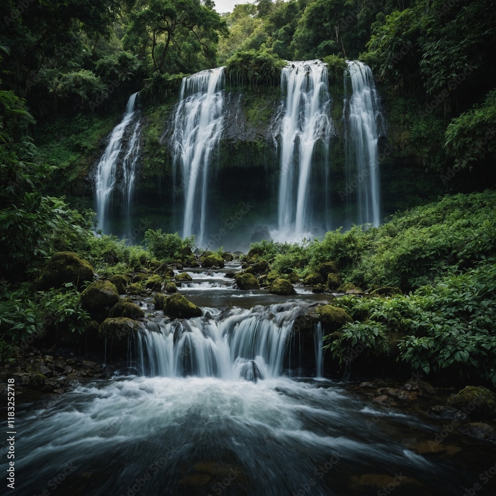 Frame a majestic waterfall surrounded by lush greenery. Frame a majestic waterfall surrounded by lush greenery.