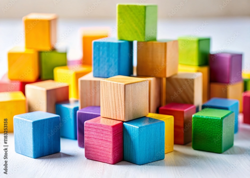 Obraz premium Minimalist Wooden Blocks Stacked on White Background - Simple Child's Play Concept