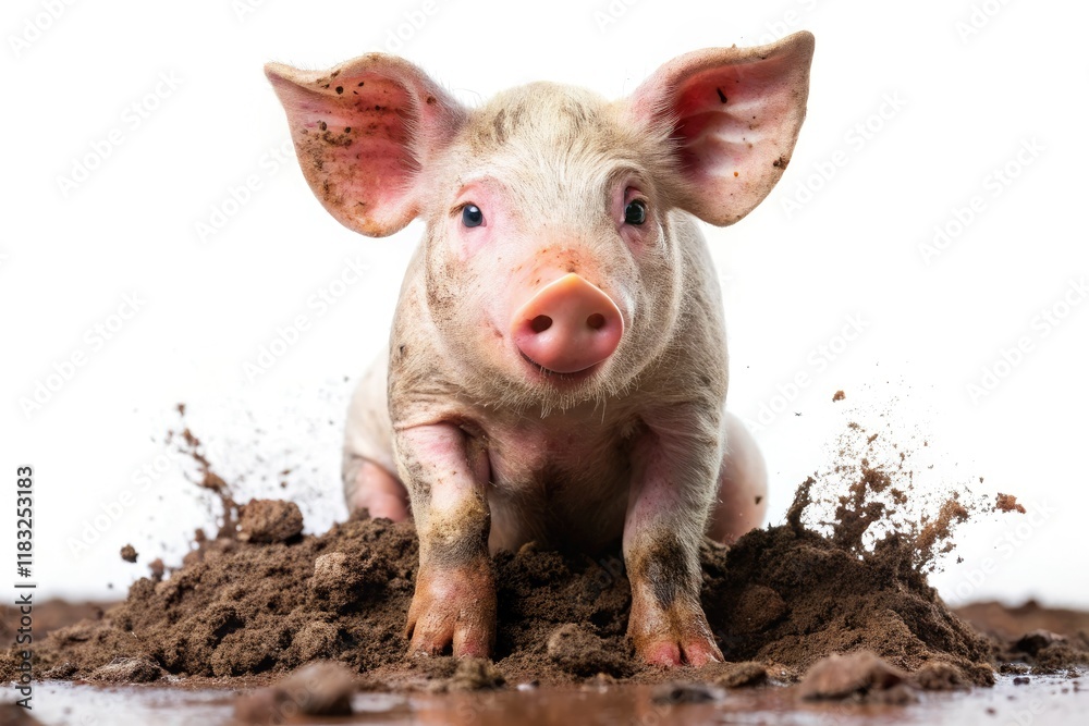 High-resolution image of a muddy piglet, isolated on white. Realistic detail showcases the farm animal's rural life. High-resolution image of a muddy piglet, isolated on white. Realistic detail showcases the farm animal's rural life.