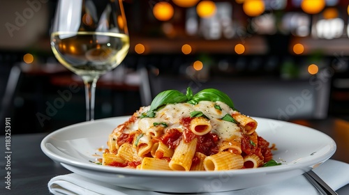 Delicious plate of pasta with marinara sauce and melted cheese, accompanied by a glass of white wine in a cozy dining setting.