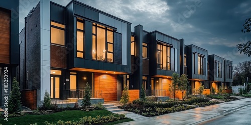Modern townhouses, architectural design, twilight scene, warm glowing windows, contemporary facades, geometric shapes, urban residential development, blue hour lighting, symmetrical composition, minim