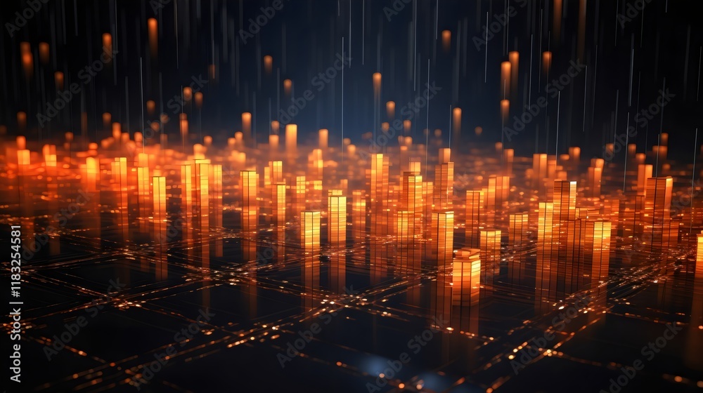Fototapeta premium Abstract Digital Cityscape: Glowing Orange Towers and Data Streams