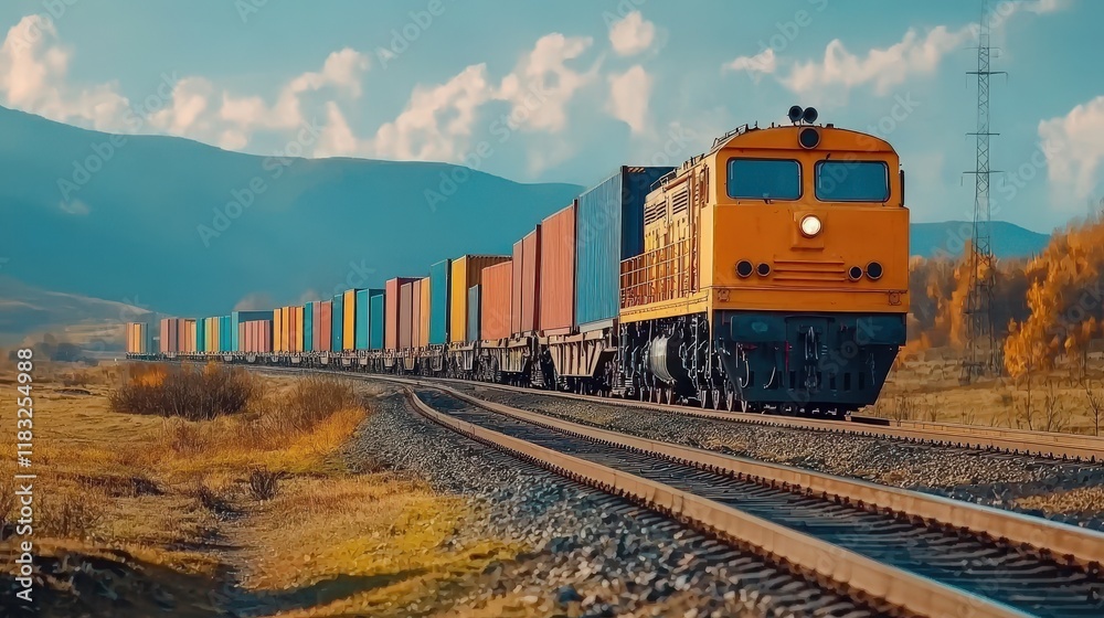 Fototapeta premium Depict a cargo train carrying containers across a vast industrial landscape