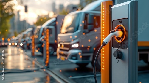Depict a fleet of electric delivery trucks parked at charging stations in an urban setting