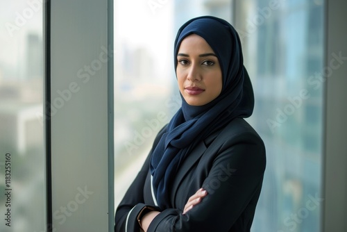 Business photo of saudi middle age woman headscarf hairstyle happiness.