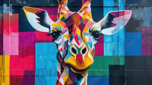 A colorful mural on a brick wall depicts a vibrant, geometric giraffe. photo