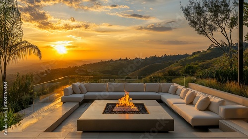 Sunset view, hilltop patio fire pit, luxury relaxation