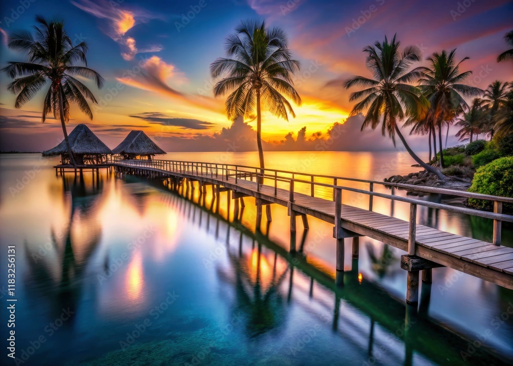 Obraz premium Long exposure captures a dreamy tropical sunset, blurring beach huts, palms, and a wooden bridge.