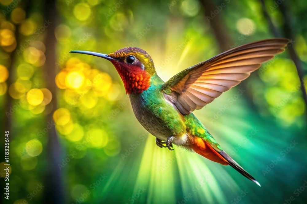 Obraz premium Long exposure captures hummingbird's ethereal flight, vibrant colors against a verdant forest backdrop.