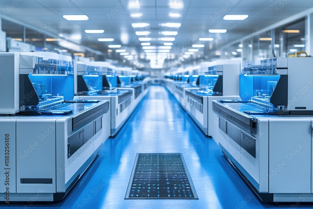 Obraz premium A modern laboratory filled with advanced machinery, illuminated by bright lights, creating a high-tech and sterile environment.