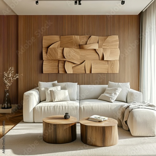 Modern living room, textured wooden wall panels, 3D geometric wood blocks, minimalist white sofa, round wooden coffee table, beige color palette, contemporary interior design, warm lighting, sleek cei photo