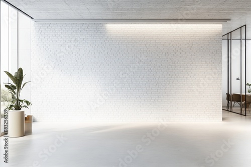 Modern white brick wall office interior, empty space, sunlight, plant