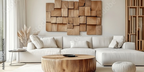 Fototapeta Naklejka Na Ścianę i Meble -  Modern living room, textured wooden wall panels, 3D geometric wood blocks, minimalist white sofa, round wooden coffee table, beige color palette, contemporary interior design, warm lighting, sleek cei