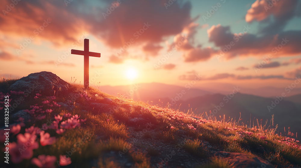 cross in the field on hill at sunset, Calvary and resurrection concept cross in the field on hill at sunset, Calvary and resurrection concept