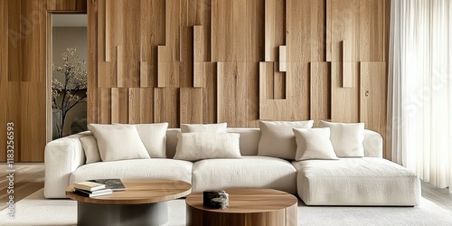 Fototapeta Naklejka Na Ścianę i Meble -  Modern living room, textured wooden wall panels, 3D geometric wood blocks, minimalist white sofa, round wooden coffee table, beige color palette, contemporary interior design, warm lighting, sleek cei
