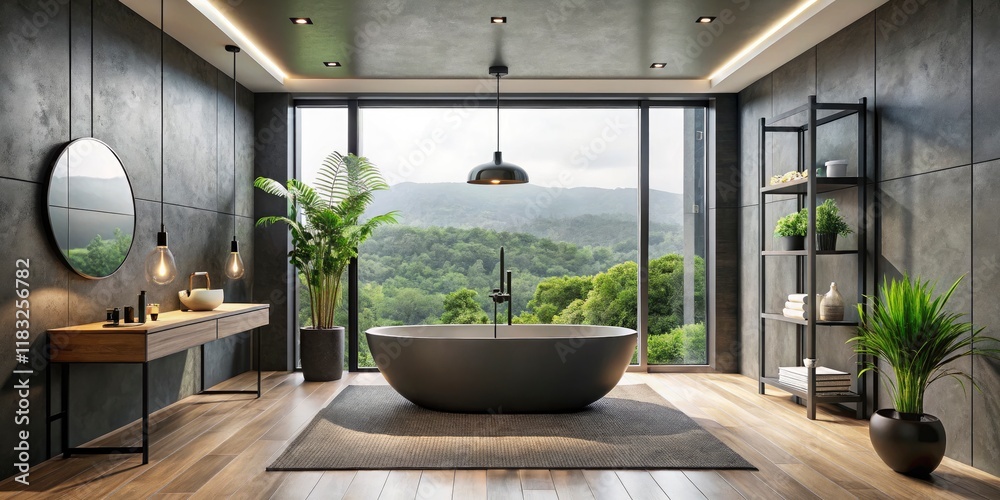 Fototapeta premium Modern shower and matte black freestanding tub define this panoramic luxury bathroom's stunning design.