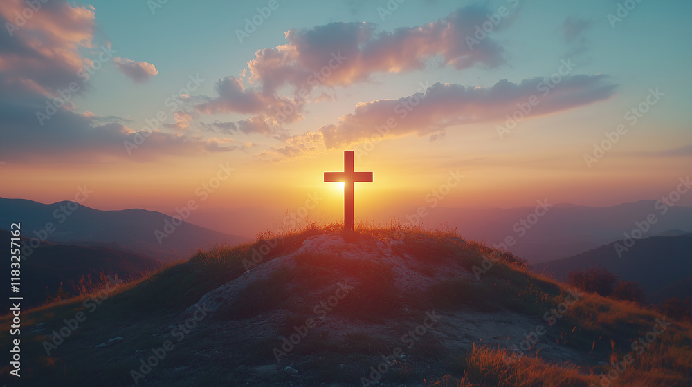 Cross on hill in the sunset, Calvary and resurrection concept Cross on hill in the sunset, Calvary and resurrection concept