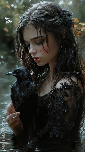 Mysterious Woman with a Crow by the Water photo