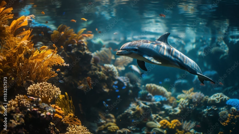 Fototapeta premium Graceful Dolphin Swimming Through Vibrant Coral Reef with Colorful Marine Life and Rich Underwater Scenery Captured in Stunning Clarity