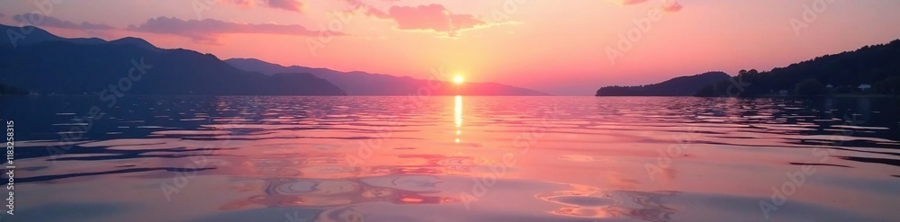 Fototapeta premium Soft pink and orange hues of a sunset merge with gentle waves in a serene lake, still life, nature, warm colors