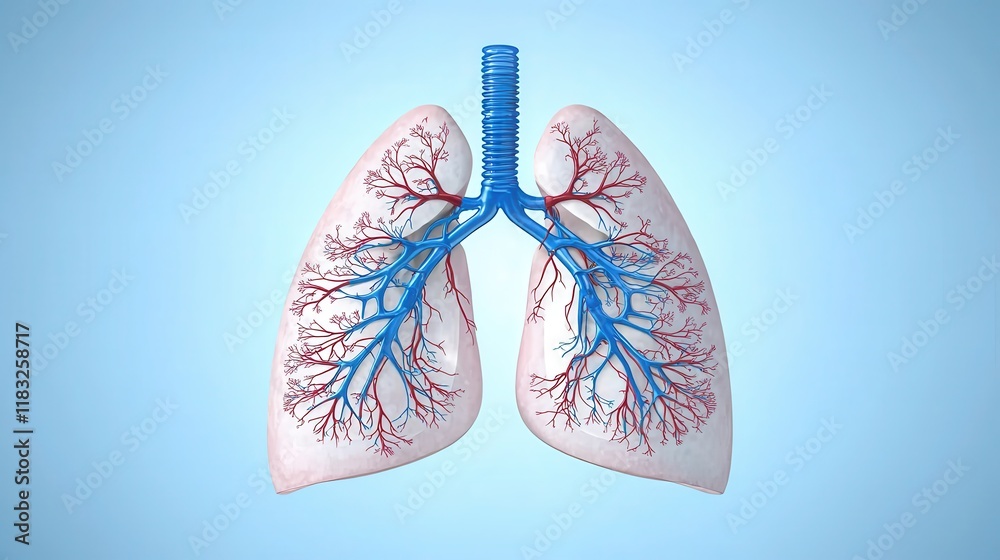 A 3D illustration of human lungs, showcasing the bronchial tree and vascular structures against a light blue background. A 3D illustration of human lungs, showcasing the bronchial tree and vascular structures against a light blue background.