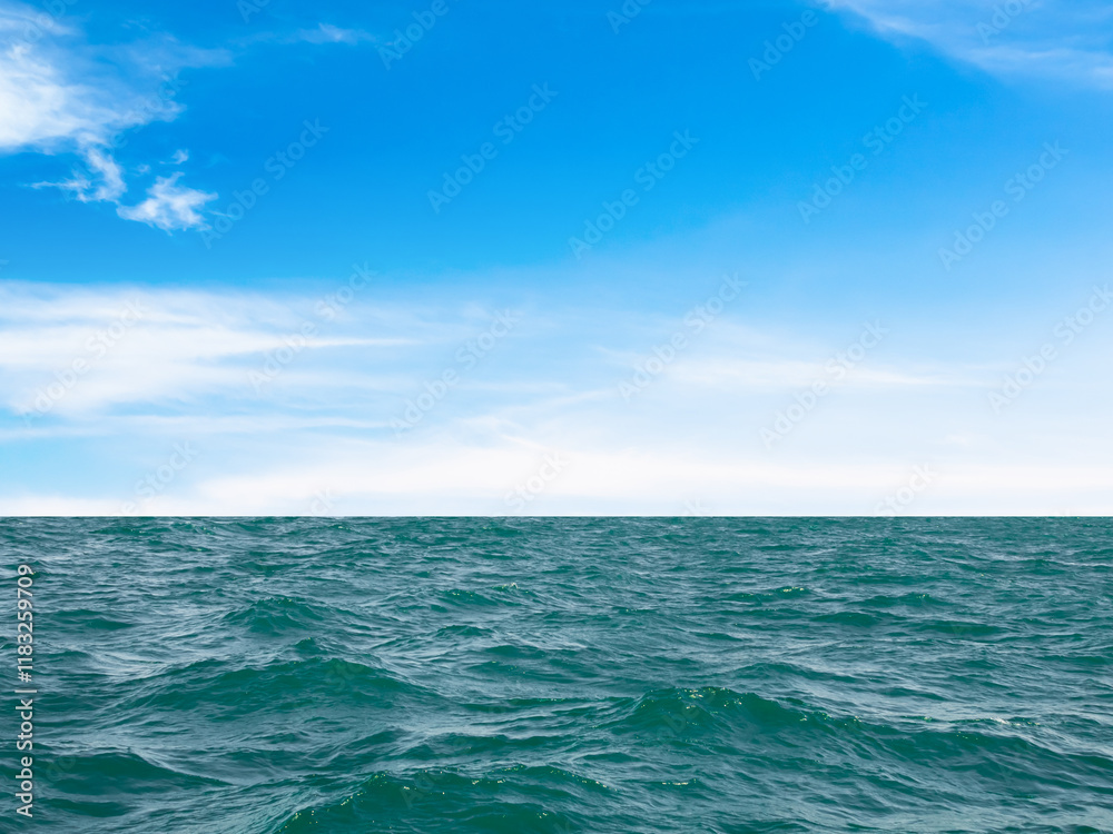 Obraz premium Summer background sea blue with cloud sky, coast island scene mockup water nature travel vacation holidays tropical, mockup ocean ecosystem energy change environment, backdrop product cosmetic