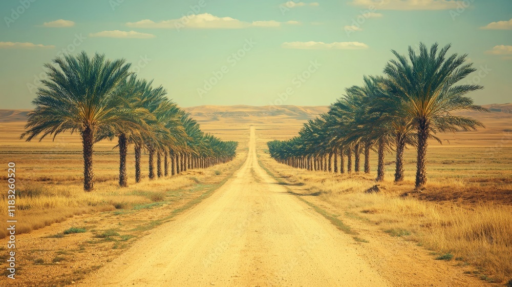 Wide angle serenity scenic palm tree roadway in vibrant desert landscape photography Wide angle serenity scenic palm tree roadway in vibrant desert landscape photography