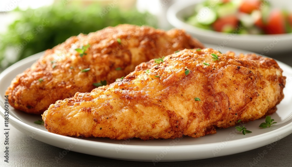 Crispy fried chicken breast fillets on a plate. Perfect for menus, recipe sites, or food blogs. Crispy fried chicken breast fillets on a plate. Perfect for menus, recipe sites, or food blogs.