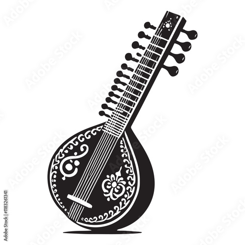Sitar Silhouette Vector Illustration, Solid White Background.