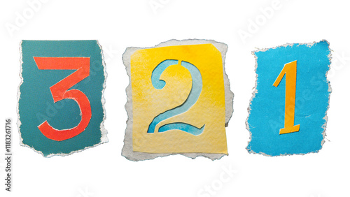 Handmade 3, 2 and 1 numbers created from torn colorful magazine paper. Ransom note style letters. photo