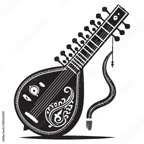 Sitar Silhouette Vector Illustration, Solid White Background.