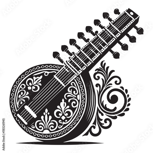 Sitar Silhouette Vector Illustration, Solid White Background.